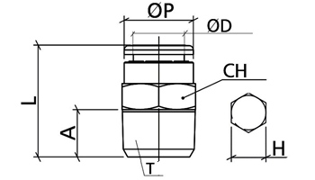 Bản vẽ kỹ thuật của đầu nối dòng BPC với các ký hiệu kích thước øD, øP, T, L, CH, H được hiển thị rõ